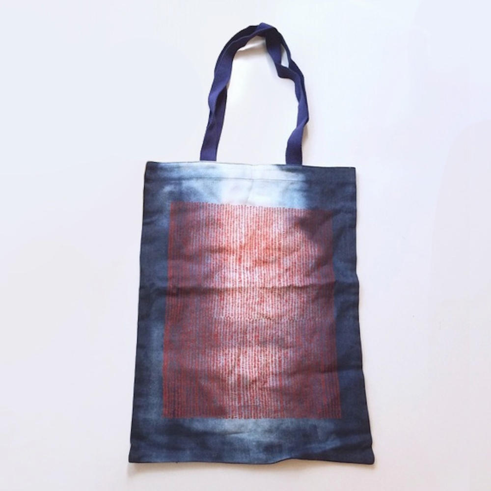 ANTHROPOLOGIE - Indigo Blue Ombre Air Dye with Red Screen Print Cotton Tote Bag